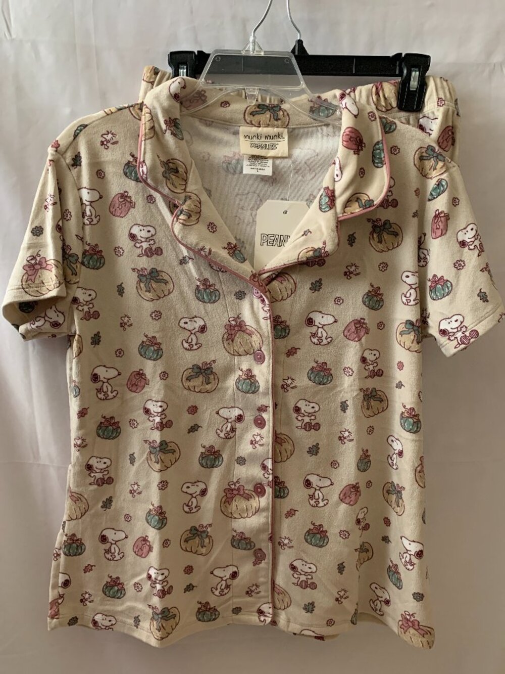MUNKI MUNKI x PEANUTS Snoopy Fall Pumpkin Velour Pajamas Set in Beige Sz LARGE